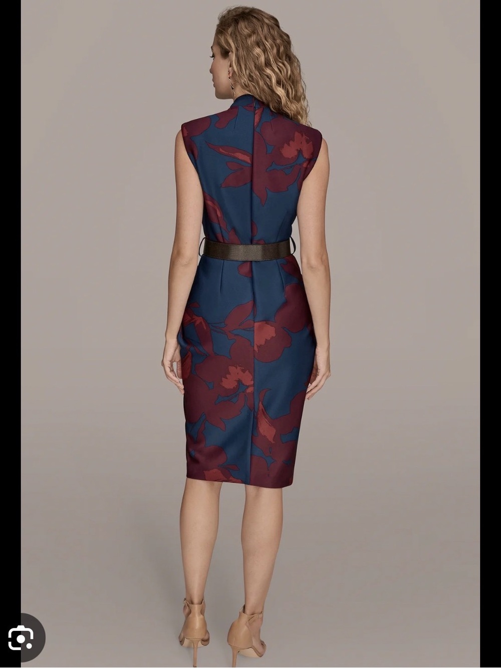Donna Karan Blue and Berry Floral Sleeveless Midi Dress with Belt - Picture 8 of 10